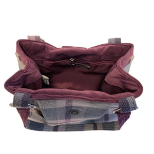 Open view: Earth Squared Tweed Ava Bag in Aberlady tweed( plum and grey), highlighting its roomy interior.