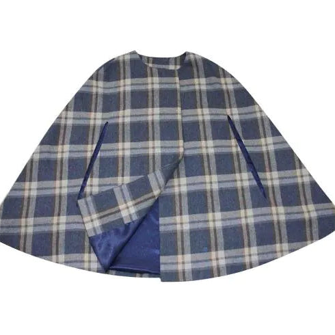 Flat lay of Tantallon Tweed Cape showing front and blue satin lining.