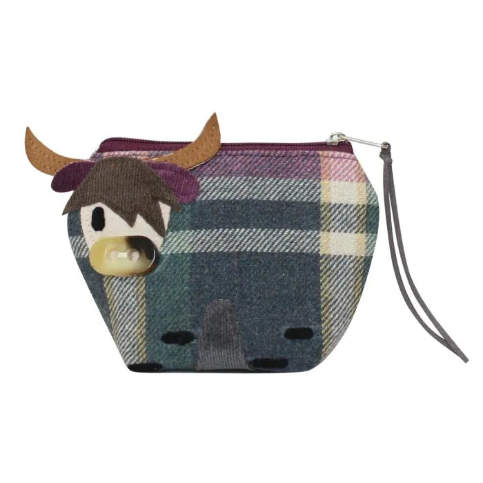 Front view of Barnes tweed cow purse with berry pink and grey plaid.