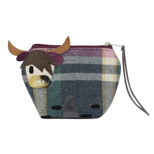Front view of Barnes tweed cow purse with berry pink and grey plaid.