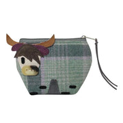 Front-facing Gosford tweed cow purse in sage green plaid.