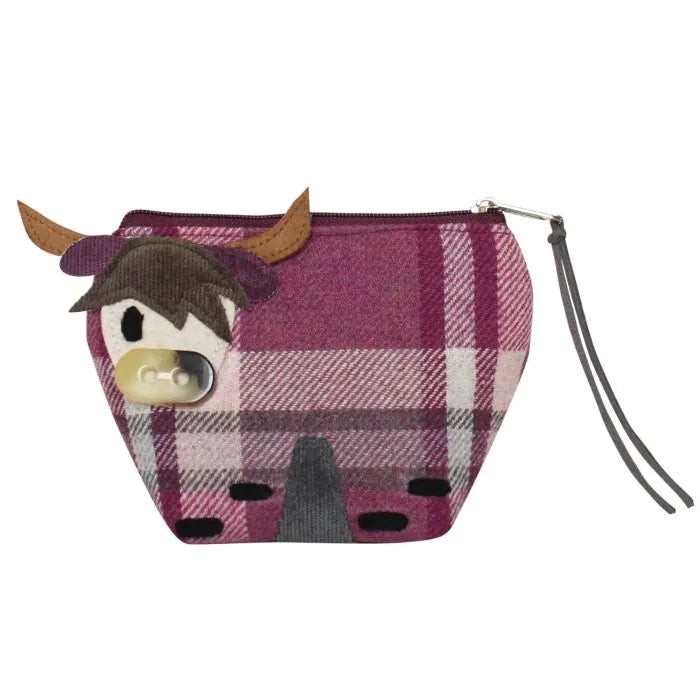 Plaid cow-shaped coin purse with a strap on a white background.