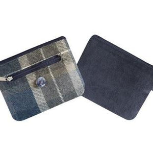 Earth Squared Humbie Tweed Emily Purse. Showcasing the blue and grey tweed, a zipped compartment and cute satin button. Also showing the reverse of the purse in a navy colour.