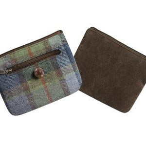 Earth Squared Inveresk Tweed Emily Purse. Showcasing the blue, grey and brown tweed, a zipped compartment and cute satin button. Also showing the reverse of the purse in a brown colour.