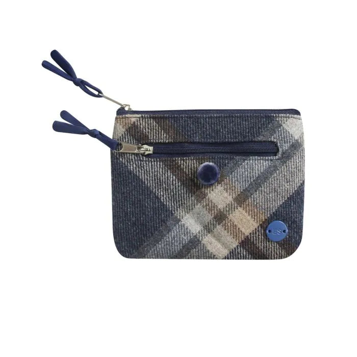 Plaid patterned pouch with blue accents on a white background.