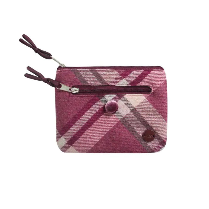 Plaid patterned coin purse with buttons on a white background.