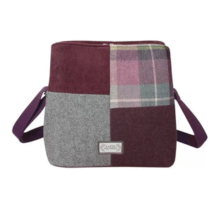 Earth Squared Tweed Logan Bag in Aberlady tweed (plum and grey), highlighting its stylish patchwork design. 