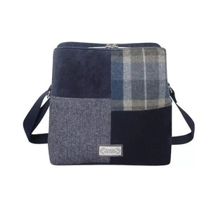 Earth Squared Tweed Logan Bag in Humbie tweed (blue and grey), with a patchwork design. 