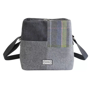 Earth Squared Tweed Logan Bag in Luffness tweed (green and grey), with a patchwork design in grey.
