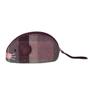 Earth Squared Mouse Purse featuring beautiful Aberlady Tweed in a stunning plum and grey colourway and pull-tail zipper closure, embroidered whiskers and little corded ears.