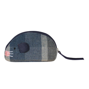 Earth Squared Mouse Purse showcasing classic Humbie Tweed in blue and grey. Whimsical pull-tail zipper closure,  embroidered whiskers and little corded ears.