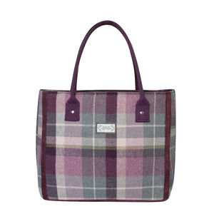 Earth Squared Tweed Tote Bag in Aberlady Tweed (grey & plum), showcasing its modern update on a classic design with comfortable shoulder straps. The rich plum tweed adds a touch of elegance.