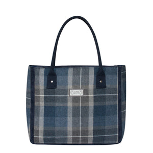 Earth Squared Tweed Tote Bag in Humbie Tweed (grey & blue), highlighting its timeless design and comfortable shoulder straps. 