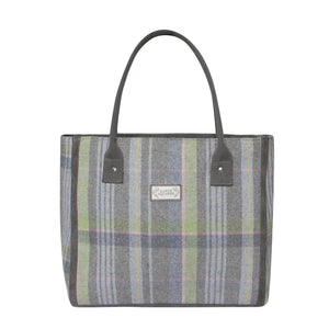 Earth Squared Tweed Tote Bag in Luffness Tweed (grey, green, pink), showcasing its modern update on a classic design with comfortable shoulder straps 