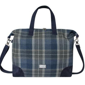 Earth Squared Humbie Tweed Weekend Bag:  A versatile travel companion with ample storage space. In a blue and grey tweed.