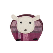 Tweed Sheep Purse in pink and plum Winton tartan with cream felt sheep face, zip coin purse made from recycled wool blend fabric.