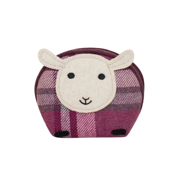 Tweed Sheep Purse in pink and plum Winton tartan with cream felt sheep face, zip coin purse made from recycled wool blend fabric.