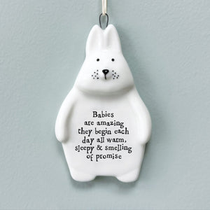 Porcelain Babies Are Amazing Rabbit Hanging Plaque featuring a heartfelt quote about newborns, with a cute rabbit design and a hanging string for easy display.