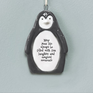 East of India porcelain penguin hanger with an inspirational quote - ‘May your life always be filled with fun, laughter, and magical moments.’ A thoughtful gift for positivity and home decor.