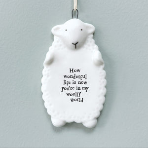 Porcelain sheep hanging plaque with the message “How wonderful life is now you’re in my woolly world” written in black text, against a light grey background.