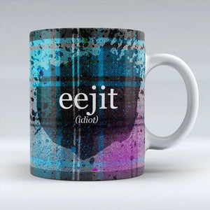 Eejit Ceramic Mug with Scottish tartan design and humorous text.