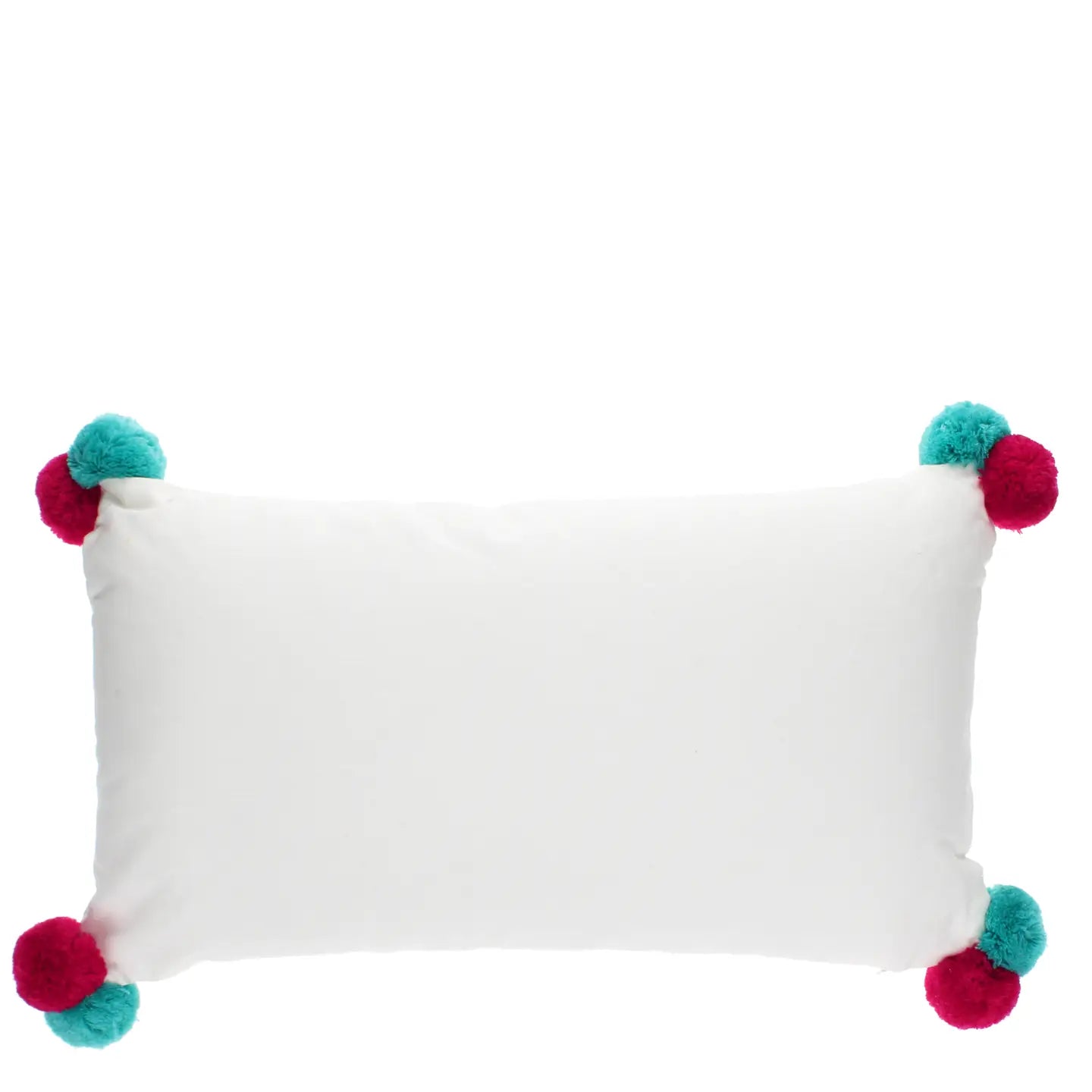 Reverse side of sausage dog cushion in plain white with pom poms.