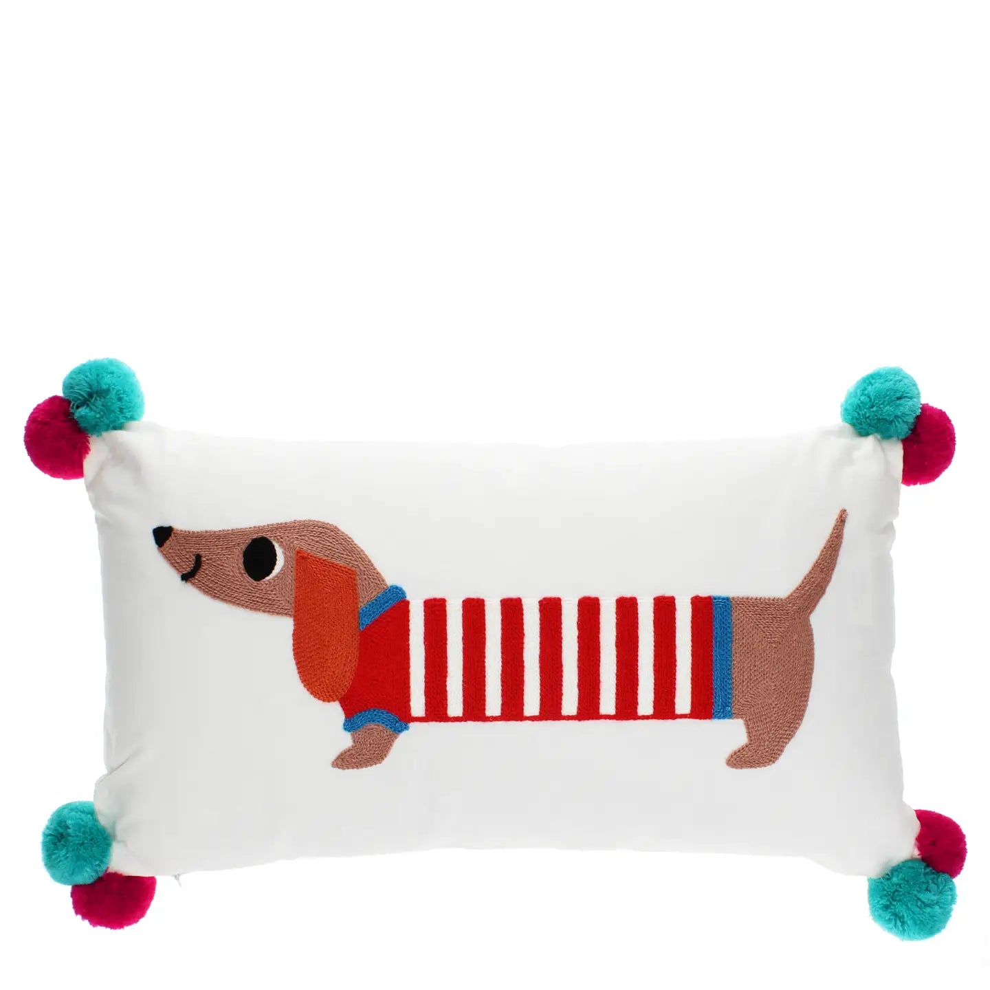 Sausage dog embroidered cushion with red striped jumper and colourful pom pom corners.