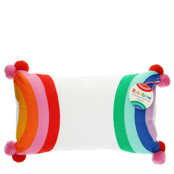 Embroidered Cushion with Pom Poms - Rainbow