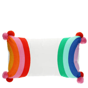 White rectangular cushion with rainbow stripes and pom pom detail.