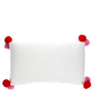 Colourful embroidered rainbow cushion with pom poms, plain reverse view.