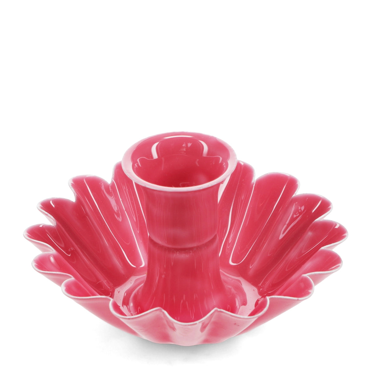 Top view of vibrant pink enamel flower candle holder with scalloped petals and central candle slot.
