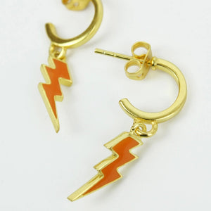 Orange enamel lightning hoop earrings with gold plate.