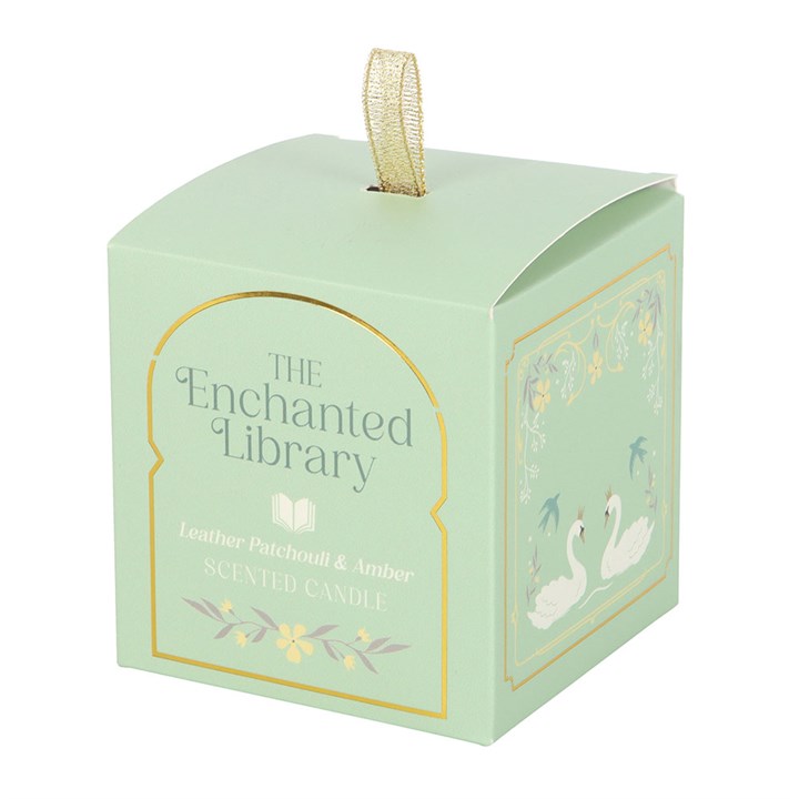 Illustrated green gift box for The Enchanted Library scented candle with swan and floral design.