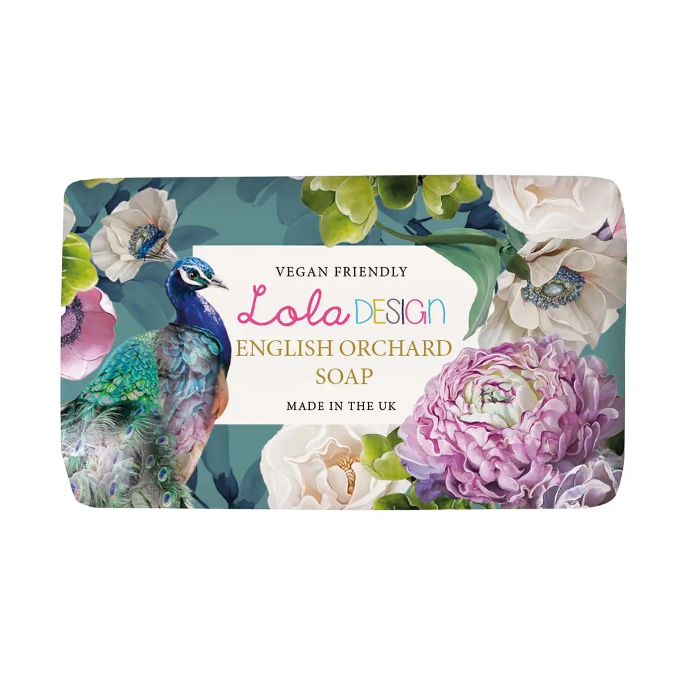 English Orchard Soap bar with peacock and floral Lola Design artwork – vegan, plastic-free, shea enriched moisturising soap.