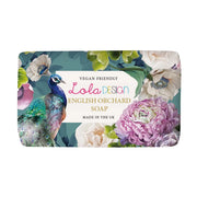 English Orchard Soap bar with peacock and floral Lola Design artwork – vegan, plastic-free, shea enriched moisturising soap.