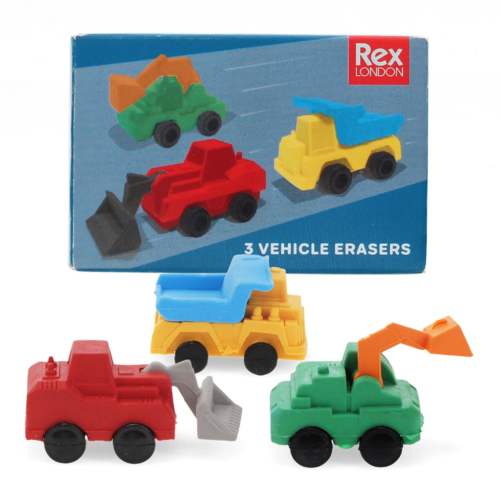 Set of three colourful construction vehicle erasers in front of Rex London box packaging.
