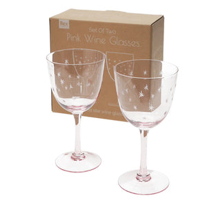 Set of two pink etched star wine glasses with delicate star design and elegant stems, 250ml capacity.