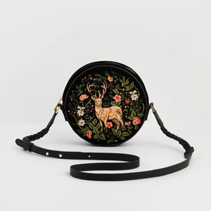 Front view of Fable England Aurora Fawn Black Circle Bag with detailed stag and floral embroidery on black velvet.