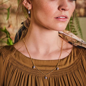 Model wearing the Fable England Bluebell Charm Necklace – A woman wearing the necklace, showcasing its elegant and nature-inspired design.