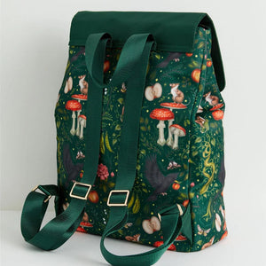 Back View: The backpack displayed from the back, showcasing adjustable green webbing straps and the full fairytale-inspired print.