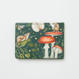 Back view of the Fable England Catherine Rowe Into The Woods Card Holder – A fairy-tale-inspired green cardholder showcasing illustrated mice, apples, toadstools, and twinkling stars on a deep green background.