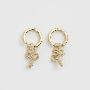 Gold-plated snake earrings displayed on a clean white background, showcasing their elegant craftsmanship.