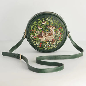 Front View: Fable Chloe Fawn Circle Bag – vegan leather handbag with embroidered fawn design.