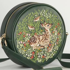 Close-up Detail: A detailed view of the embroidered fawn, surrounded by floral and woodland elements.