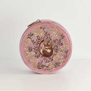 A front-facing view of the pink dormouse jewellery box, showcasing its intricate embroidery and soft velvet texture.