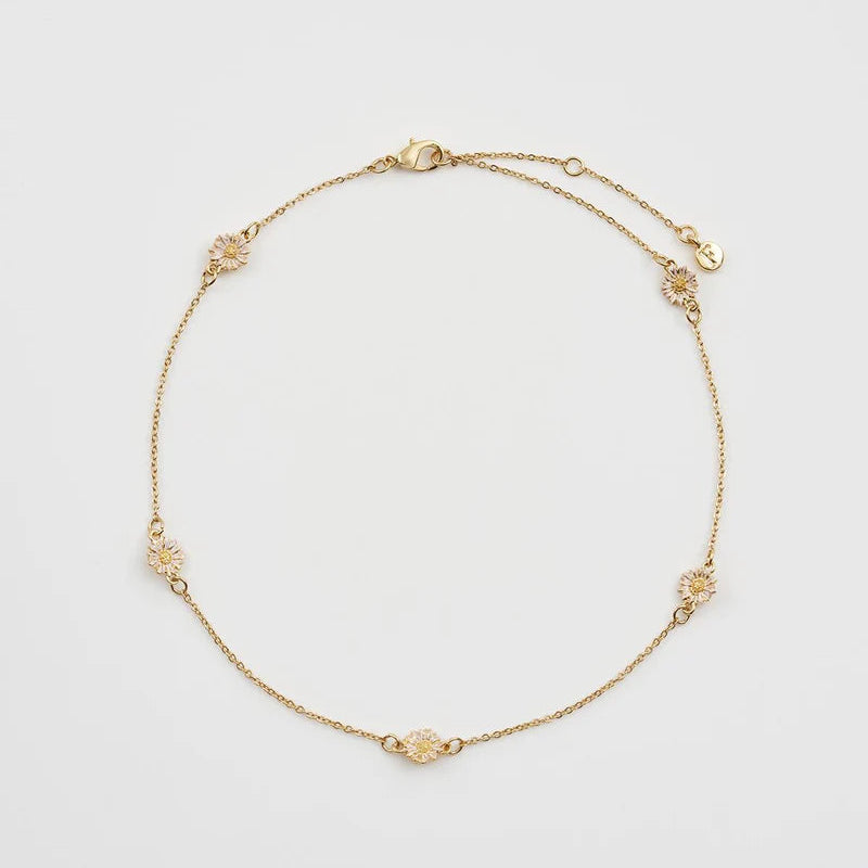 Full Necklace View: Fable England Daisy Chain Choker – gold-plated chain with five hand-painted enamel daisies.