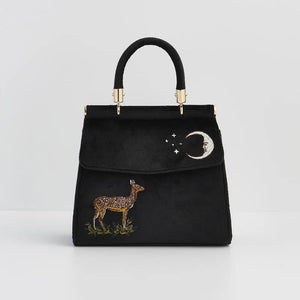 Straight-on Front View: A centred image of the bag against a plain background, displaying the embroidered fawn and moon details clearly.