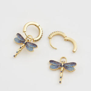 The earrings displayed with the dragonfly charms detached, showing their two-in-one design.