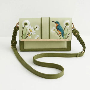 Image 3: A front view of the Fable England Kingfisher bag, highlighting the intricate embroidery of the bird and flowers.