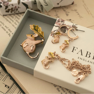 Gift Box View: The Enamel Dormouse Brooch beautifully packaged with matching accessories in a Fable England gift box.